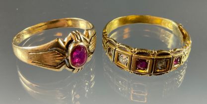 A diamond and ruby five stone ring, alternate set with two diamonds and three rubies (one