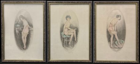 Manner of Louis Icart, set of three early 20th century etchings, Lady's Boudoir scenes in states