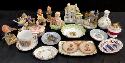 Decorative ceramics including; Staffordshire flatback money bank, German bisque figure group of baby