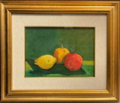 Marcello Fiori, Lemon, orange, apple, signed, oil on canvas, 15cm x 23cm