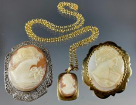 A 9ct mounted cameo pendant necklace, stamped 375 9, 4.6g gross; yellow metal mounted brooch etc (3)