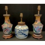 A 19th century Chinese blue and white jar, converted to a lamp base, 15.5cm high; pair of Satsuma