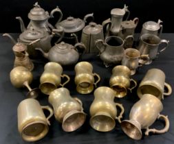 A quantity of 19th century pewter tea pots, other metal ware etc