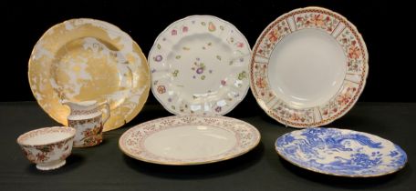 Royal Crown Derby - four dinner plates, patterns gold Avesbury, Chatworth, Honeysuckle, etc one blue