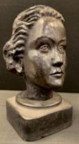 A portrait bust of a young lady, Sophie Hook Irmgard, black painted plaster, 36,5cm high, mid 20th