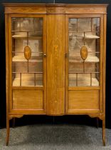 An Edwardian Sheraton revival display cabinet, moulded cornice inlaid with boxwood swags and ribbons