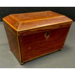 A George III partridge wood sarcophagus tea caddy, hinged cover enclosing a pair of lidded