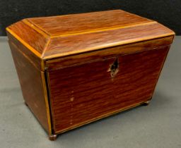 A George III partridge wood sarcophagus tea caddy, hinged cover enclosing a pair of lidded