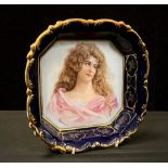 A 20th century continental porcelain canted square bowl, decorsated with a portrait of a curly raven
