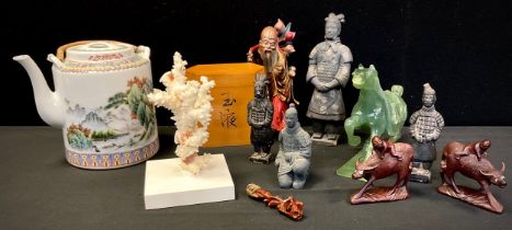 A carved green soapstone style glass tang horse, teapot, wooden and other figures, Samurai Warrior