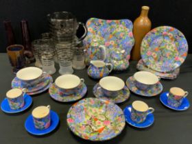 A Crown Ducal Parrots pattern part tea and coffee set; glass vases, studio pottery cup etc