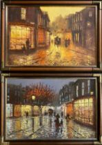 John Bampfield (British, 20th century), a pair, Lamp-lit streets after rain, signed, oils on canvas,