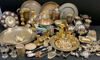 Plated ware - galleried trays,43cm long, local trophies, cut glass top serving spoons, Indian