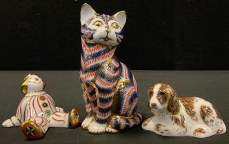 Royal Crown Derby Paperweights - Scruff, seated Cat, both gold stoppers, Stripped Clown, no