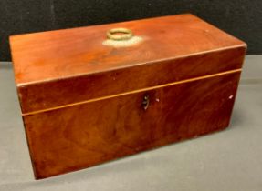 A large George III mahogany rectangular tea caddy, hinged cover enclosing a bowl aperture and a pair
