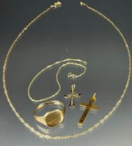 Jewellery - a 9ct gold signet ring, stamped 9ct, size V, 3.7g; 9ct gold cross pendant necklace etc