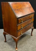 A George III style burr-walnut bureau, 102.5cm high x 76cm wide x 45cm deep, mid 20th century.