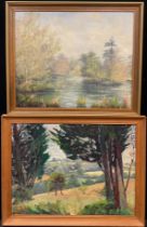 M. Lewis, View through the Cedars, signed, oil on board, 46cm x 61cm; M. Bakewell, Dawn over the