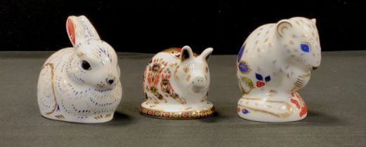 Royal Crown Derby Paperweights - Derby Dormouse, Rabbit, gold stoppers, another Pig, silver