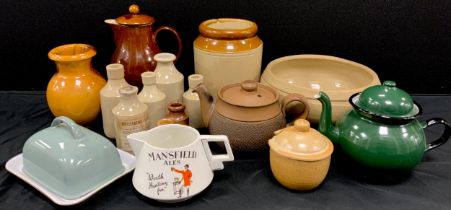 Stoneware pot, 21cm high, stoneware bowl, stamped ‘Hatrox Castleford’, 26cm dia, Denby brown glaze