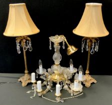 A Bohemian style eight-branch light chandelier light, 46cm high , a pair of bronzed metal lamp,