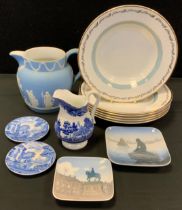 Ceramics - Wedgwood powder blue jasperware water jug, Royal Copenhagen pin dishes, Spode Italian,