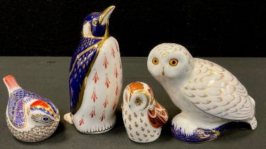Royal Crown Derby Paperweights - Snowy Owl, Owlet, Penguin, all gold stoppers, goldcrest silver