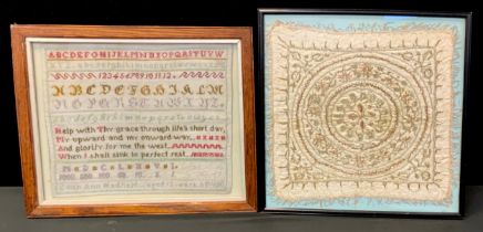 A Victorian embroidered sampler inscribing ‘Help with thy grace through life’s short day, My