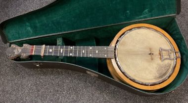 A Keech banjulele banjo, with one-piece mahogany neck, aluminium frame and wooden resonator ring,