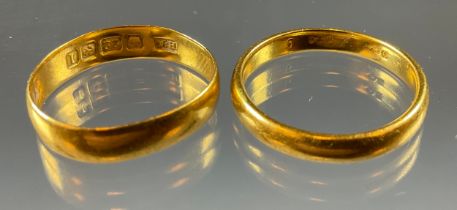 A 22ct gold wedding band, size J, 2g; another indistinctly marked yellow metal , marked A&W,