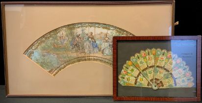 A Fan mounted on board decorated with 19th century scene of courting gentleman, 27cm x 51cm, another