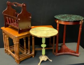 A Faux onyx topped empire style circular occasional table; onyx top table; nest of three oak tables,