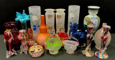 19th century and later glass ware including a pink and white milk overlay globular glass vase,