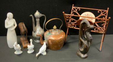 Boxes and objects - Persian silvered metal wine ewer, copper kettle, iron and wooden horse figure;