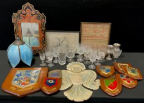 Boxes and Objects - a Victorian embroidered 32cm x 27cm, Thomas Webb cut glass wine glasses, moulded