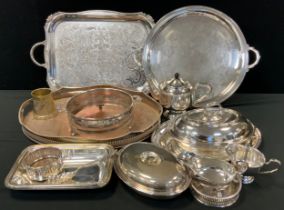 Silver plate - an Edwardian oval galleried tray, another rectangular, three entrée dishes and