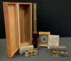 Boxes and objects - mother of pearl card case, sovereign scales, cased, two draw telescope; etc