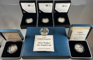 Coins & Tokens - Piedfort silver proof and other £1.00 pound coins, 1996, 1997, 2004, 2008, 2010 (