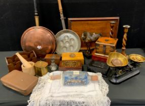 Boxes and Objects - Edwardian inlaid fan wooden tray, 48cm long, a oak barley twist candlestick