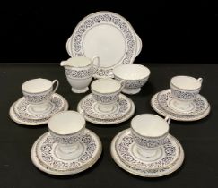 A Shelley ‘Black Grecian Scroll’ pattern no.14294, tea set for five comprised of; five tea cups