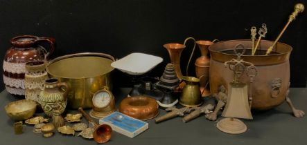 Copper and brass - a 19th century large brass jam pan, 33cm dia, copper ewers, fire sides, copper