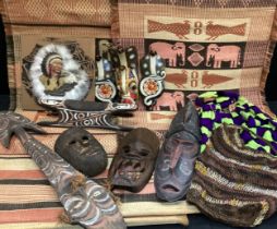 Tribal - a piece hand carved wooden painted Balinese Barong Dragon Cobra Mask, two Billum bags,