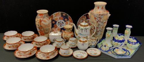 Oriental ceramics - Imari plates, a set of six Kuntani egg shell tea cups and saucers, another tea