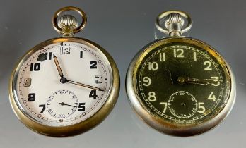 A Military issue GSTP open face pocket watch, white enamel dial, bold Arabic numerals, subsidiary