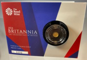 A Royal Mint United Kingdom 2014 Britannia Fortieth of an Ounce Gold Coin, in capsule, mounted on