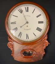 A Victorian mahogany wall clock with a white painted dial signed Edward Scales Manchester, bold
