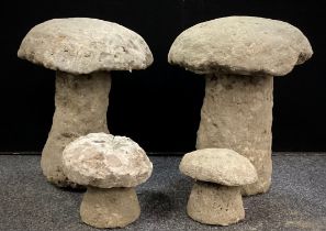 A similar pair of Derbyshire Staddle stones, the largest measuring 45cm high x 40cm wide; another