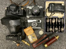 Cameras & Objects - Zenit B 35mm SLR camera, Olympus OM10, Olympus Trip 35, etc, coins, silver