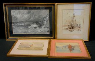 E Wagnly, early 20th century, Stormy seas, signed, grisaille watercolour, 30cm x 46cm; another