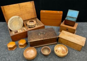 Treen boxes and objects - a 19th century oak document box, 15.5cm high x 40.5cm x 24cm; a pair of